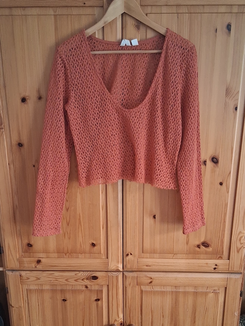 Roxy Scoop Neck Beachy Boho Long Sleeve Crochet Cropped Blouse Size L - Picture 7 of 7